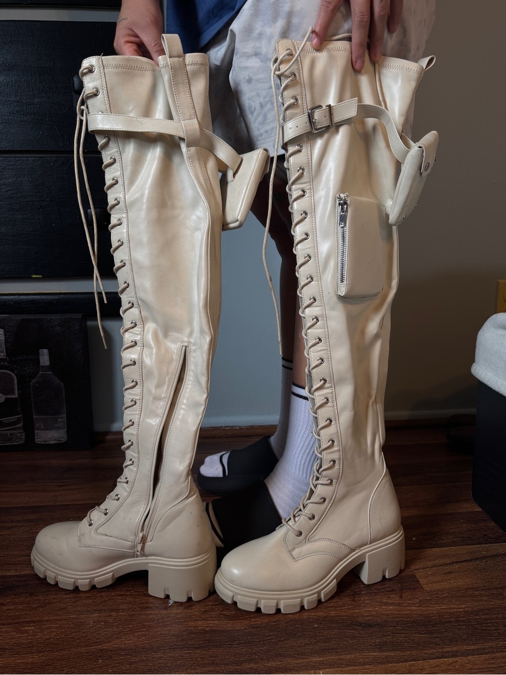 ShoeDazzle Piper Thigh High Lace-Up Combat Boots w/ Pouches